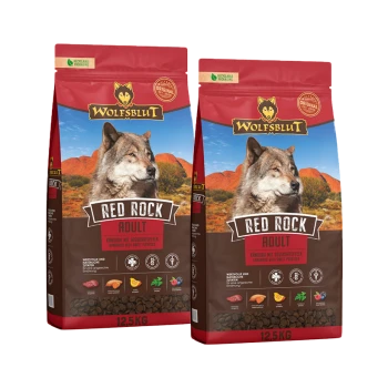 Deux sacs de 12,5 kg de nourriture pour chien adulte Wolfsblut Red Rock avec kangourou et patates douces, emballage recyclable.