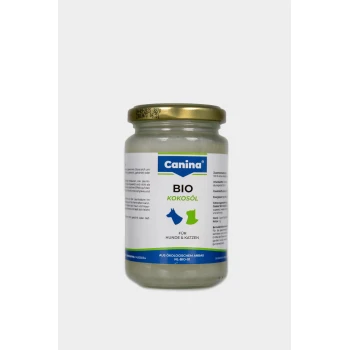 Kokosöl 200ml Canina BIO Kokosöl Glas für Hunde und Katzen, mit einem weißen Etikett mit blauen und grünen Grafiken sowie Nährwertinformationen.