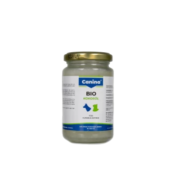 Canina BIO Kokosöl Glas für Hunde und Katzen, mit einem weißen Etikett mit blauen und grünen Grafiken sowie Nährwertinformationen.