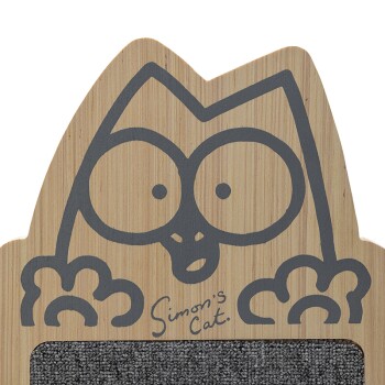 Drewniany drapak dla kota z kreskówkowym wzorem kota o dużych oczach i łapkach, oznaczony napisem „Simon’s Cat”.