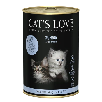 Puszka mokrej karmy Cat's Love Junior dla kociąt, z dwoma uroczymi kociętami i tekstem: "Kalb," "2-12 Monate," oraz "Premium-Qualität."