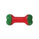 Rotes und grünes Gummihundespielzeug in Form eines Hantels, mit strukturierten Enden für Griff und Spiel.
