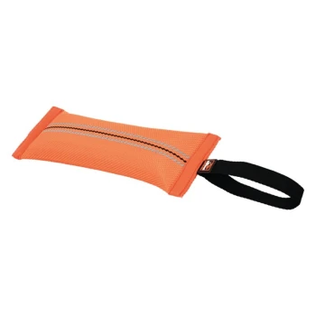 Orange dog toy with a mesh design and a black handle, featuring a reflective stripe for visibility.