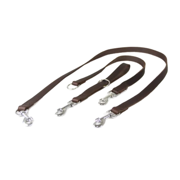 Brown leather dog leashes with metal clips, arranged in a flat layout on a white background.