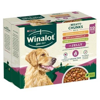 Winalot dog food box featuring a golden retriever, containing 12 pouches of meaty chunks in jelly: chicken, beef, and lamb flavors.