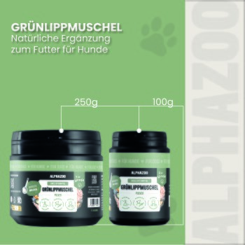 ALPHAZOO Grünlippmuschel-Pulververpackung für Pferde, die die Vorteile für die Beweglichkeit, umweltfreundliches Design und Eignung für alle Rassen und Altersgruppen zeigt.