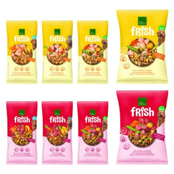 Frish Real Nature Hundefuttertüten (gelb & rot) mit Schalen mit Huhn und Rind, beschriftet mit Adult/Junior/Senior