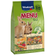 Eine Tüte Vitakraft MENU Vital Kaninchenfutter, die zwei Kaninchen zeigt und Vitamine, Mineralien und hohe Ballaststoffe hervorhebt.