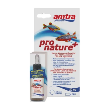 Pro Nature Plus 30 ml, 750 l Amtra Pro Nature+ Wasseraufbereiter für Aquarien, 30 ml Flasche, mit Text in Deutsch und Italienisch über seine Vorteile und Anwendung.