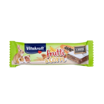 Vitakraft frutti & corn Haustier-Leckerli-Riegel mit Nüssen, mit Bildern eines Kaninchens und von Meerschweinchen auf der Verpackung.