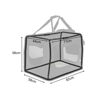 Tragbarer Haustierspielplatz mit den Maßen: 58 cm Höhe, 82 cm Breite, 77 cm Länge und 44 cm Tiefe, mit einem Netzdesign.
