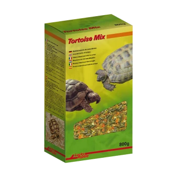 Verpackung des Tortoise Mix Haustierfutters mit zwei Schildkröten auf der Vorderseite, mit einem Fenster, das die bunte Mischung im Inneren zeigt, 800g.