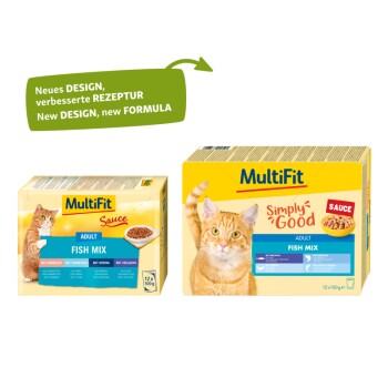MultiFit Katzenfutterverpackung zeigt zwei Boxen: "Adult Fish Mix" mit einer Katzenillustration und "Simply Good" mit einer lächelnden orangefarbenen Katze.