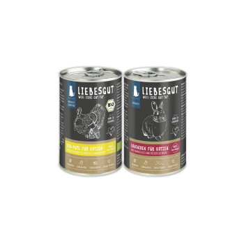 Zwei LIEBESGUT-Dosen Katzenfutter — „Bio‑Pute für Katzen“ (Pute) und „Kaninchen für Katzen“ (Kaninchen).