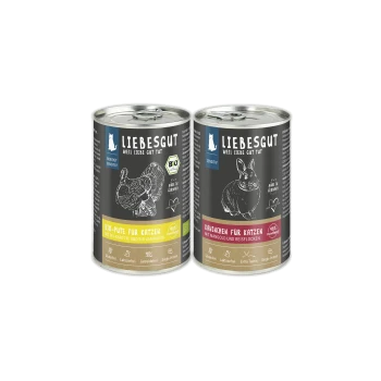 Zwei LIEBESGUT-Dosen Katzenfutter — „Bio‑Pute für Katzen“ (Pute) und „Kaninchen für Katzen“ (Kaninchen).