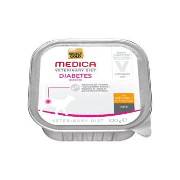 Sélectionnez Gold Medica Veterinary Diet pour chiens diabétiques, emballage de pâté de 100g, avec des informations sur la régulation du glucose et des informations diététiques.