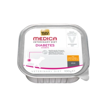 Select Gold Medica Veterinärdiät für Hunde mit Diabetes, 100g Pastetenverpackung, mit Text zur Glukose-Regulierung und diätetischen Informationen.
