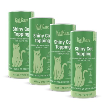 Vier grüne KatKare 'Shiny Cat Topping'-Dosen mit Katzenillustration und 'Vital-Topping'-Etikett.