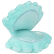 Mint turquoise plush clam-shaped pet toy with iridescent inner pads and scalloped plush edges.