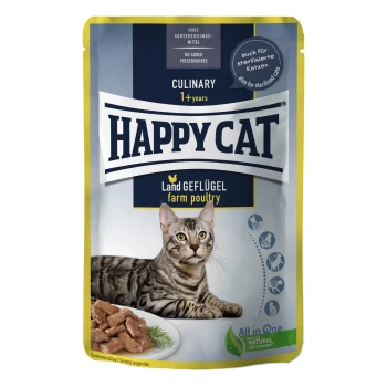 Opakowanie karmy dla kotów Happy Cat Culinary z wizerunkiem kota tabby, z tekstem wskazującym "Land Geflügel" (drób z farmy) i "Bez dodatku konserwantów."