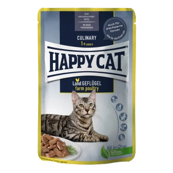 Opakowanie karmy dla kotów Happy Cat Culinary z wizerunkiem kota tabby, z tekstem wskazującym "Land Geflügel" (drób z farmy) i "Bez dodatku konserwantów."