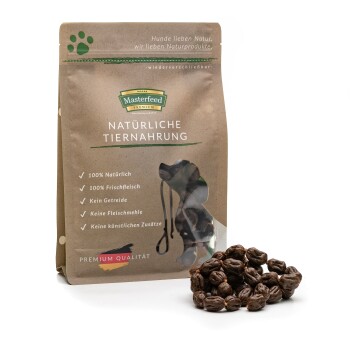 Braune Papiertüte mit Masterfeed natürlichem Tierfutter mit Hundesilhouette und Text: "100% Natürlich, 100% Frisches Fleisch, Keine Körner, Keine Fleischmehle, Keine Zusatzstoffe."