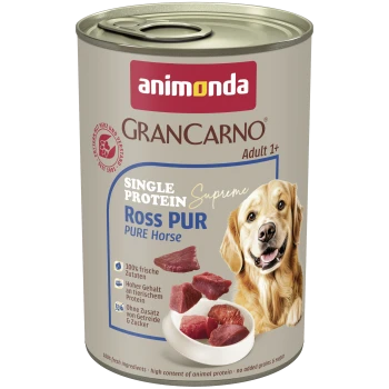 Blik Animonda GranCarno hondenvoer – Single Protein Ross Pur (Pure Horse) Adult 1+ met foto van een hond en stukjes vlees.