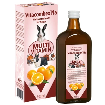 Multivitaminflüssigkeit für kleine Tiere, mit einer braunen Flasche mit einem rosa Etikett, das einen Hasen, ein Meerschweinchen und andere Haustiere sowie Orangen zeigt.