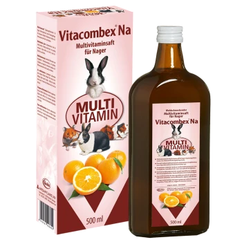 Multivitaminflüssigkeit für kleine Tiere, mit einer braunen Flasche mit einem rosa Etikett, das einen Hasen, ein Meerschweinchen und andere Haustiere sowie Orangen zeigt.