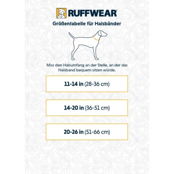 Ruffwear-Größentabelle für Hundehalsbänder, mit einer Hundillustration und Maßen: 11-14 Zoll (28-36 cm), 14-20 Zoll (36-51 cm), 20-26 Zoll (51-66 cm).