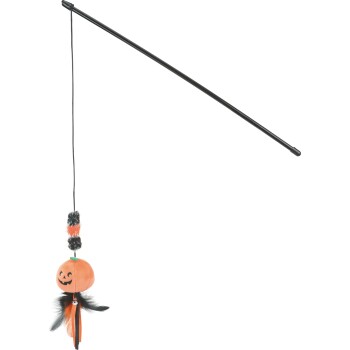 Zwarte kattenhengel met hangend oranje jack-o'-lantern-pluche, pompons en zwart-oranje veren