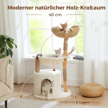 Drei Katzen auf einem Holz-Kratzbaum neben einem Fenster; sichtbarer Text: Moderner natürlicher Holz-Kracaum; 40 cm; Verdickte 2-Lagen-Basis; 1.6 cm
