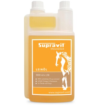 Flasche Supravit Leinöl für Haustiere, 1000 ml, mit Pferdegrafik und Holzlöffel mit Leinsamen.