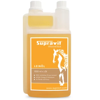 Flasche Supravit Leinöl für Haustiere, 1000 ml, mit Pferdegrafik und Holzlöffel mit Leinsamen.