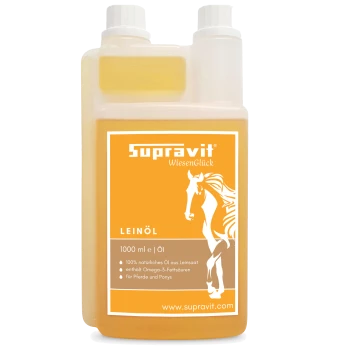 Flasche Supravit Leinöl für Haustiere, 1000 ml, mit Pferdegrafik und Holzlöffel mit Leinsamen.