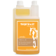 Flasche Supravit Leinöl für Haustiere, 1000 ml, mit Pferdegrafik und Holzlöffel mit Leinsamen.