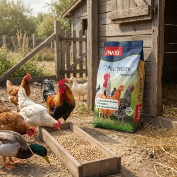Drei braune Hühner fressen aus einem runden Futterspender neben einem Sack PANTO LMK Legekorn Hühnerfutter.