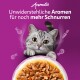 Getigerte Katze schaut über eine Schale Nassfutter; sichtbarer Text: 'Unwiderstehliche Aromen für noch mehr Schnurren'