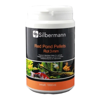 Behälter mit Silbermann Red Pond Pellets, 1000 ml, mit einem schwarzen Etikett mit orangefarbenen Akzenten und Bildern von bunten Koi-Fischen.