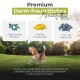 Premium Hundefutter-Werbung mit einem Beagle in einem grasbewachsenen Park, die Präbiotika, Omega-3-Öle, Zink und Vitamin D3 hervorhebt.