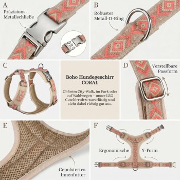 Boho Hundegeschirr CORAL, korallenfarbenes, gemustertes, verstellbares, gepolstertes Hundegeschirr mit Metallverschluss, D‑Ring und ergonomischer Y‑Form.