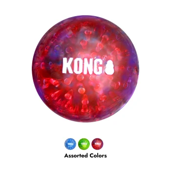 Balle jouet KONG translucide rouge pour chien avec picots surélevés et logo blanc «KONG» ; petites variantes bleue, verte et rouge en dessous sur fond noir.