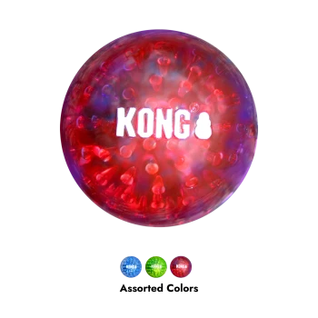 Balle jouet KONG translucide rouge pour chien avec picots surélevés et logo blanc «KONG» ; petites variantes bleue, verte et rouge en dessous sur fond noir.