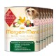 Dosen von Morgen-Menü Hundefutter mit Bio-Hühnchen, Früchten und Kartoffeln, gekennzeichnet als glutenfrei und geeignet für erwachsene Hunde.