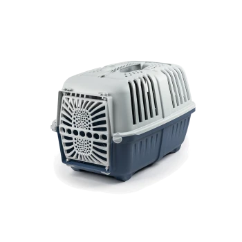 Transportbox in Grau und Marineblau, mit Belüftungsöffnungen und einer sicheren Tür, ideal für den Transport kleiner Tiere.