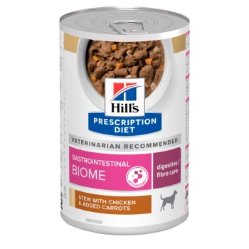 Prescription Diet Gastrointestinal Biome mit Huhn 12x354g Dosen-Hundefutter von Hill's Prescription Diet, etikettiert "Gastrointestinal Biome," mit Eintopf aus Huhn und hinzugefügten Karotten.