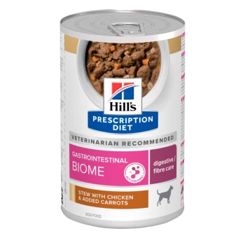 Dosen-Hundefutter von Hill's Prescription Diet, etikettiert "Gastrointestinal Biome," mit Eintopf aus Huhn und hinzugefügten Karotten.