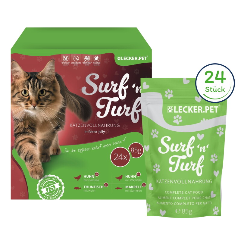 Lyra Pet Lecker.Pet Surf'n'Turf Pouches Katzenfutter in feiner Jelly Nassfutter 4er Mix Multipack 24x1 Stück