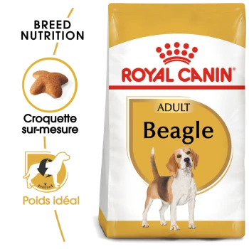 Sac de nourriture pour chiens Royal Canin Adult Beagle avec un design jaune et blanc, mettant en avant une nutrition spécifique à la race avec une silhouette de beagle.