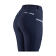 Marineblaue Reitleggings mit strukturiertem Rücken, mit weißen Streifen und einer kleinen Tasche, die ein stilvolles Design zeigt.